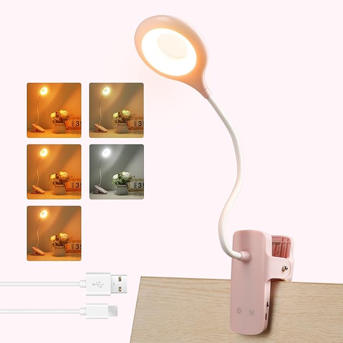 Akynite Desk Lamp LED Clip on Light, 5 Modes 5 Brightness Dimmable Clamp Light, Rechargeable Battery Flexible Clip on Reading Lamp for Bed Headboard Bunk Bed at Night for Kids (Pink)