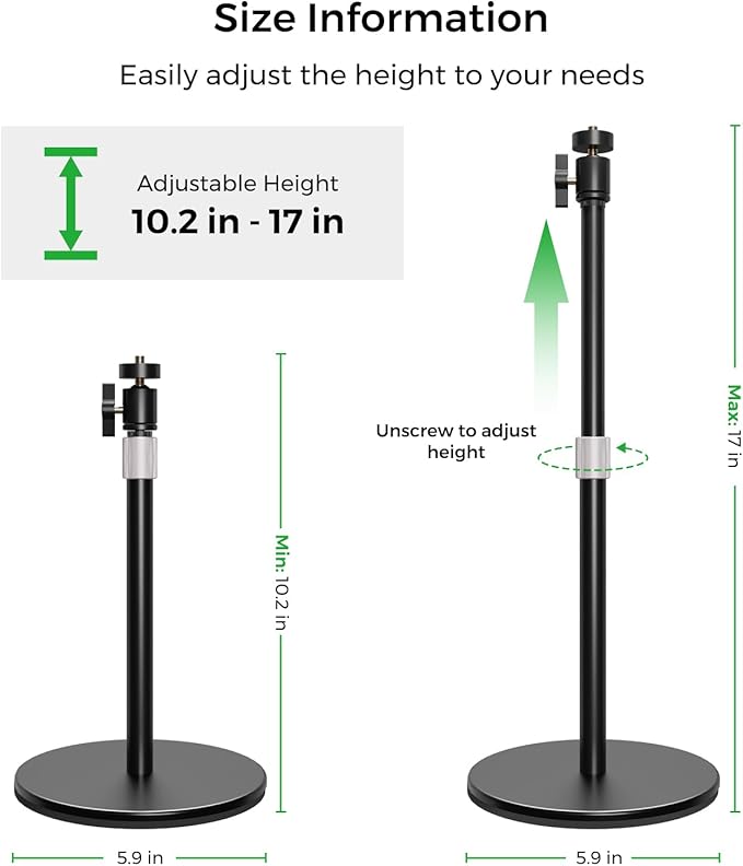 NearStream Webcam Stand for Desk with Round Weighted Base, Aluminum Desktop Stand with 360° Ballhead,10.2-17’’ Adjustable Height, Mount for Webcam/Mic/Light with 1/4" Thread, Max Load 3LB (AW-CZS-01)