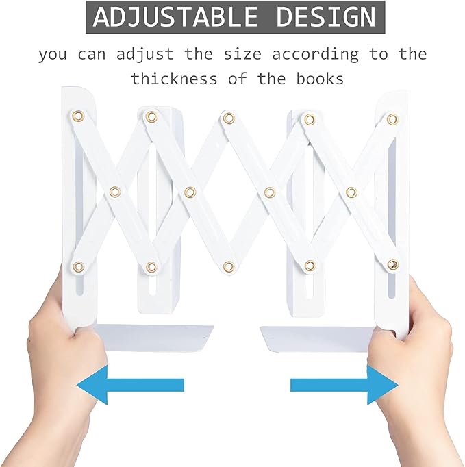 Aobopar Adjustable Book Ends, Metal Bookends for Heavy Books, Desk Book Holder for Shelves, Book Organizer for Desk, Suitable for Office, Home and School Use (White)
