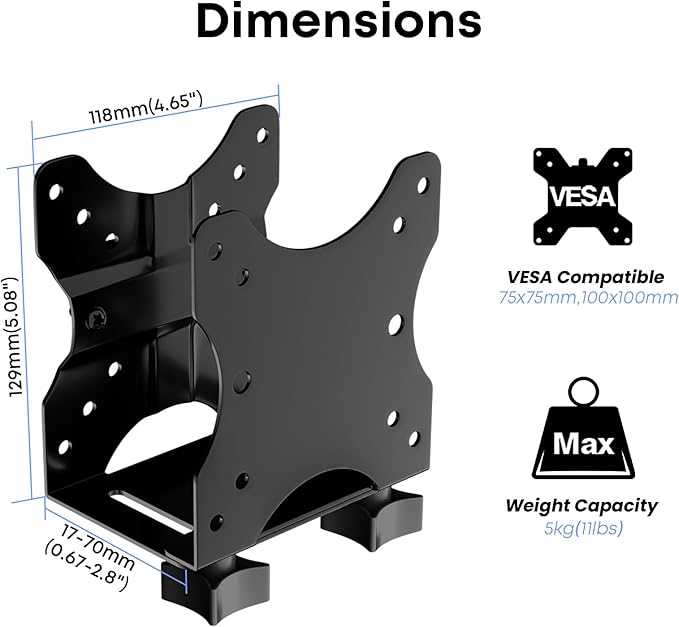 Adjustable Thin Client Mount Bracket - Mount Mini PC to Monitor Arm, Stand Pole, or Under Desk,Supports 0.67" - 2.8" Wide CPU,Black