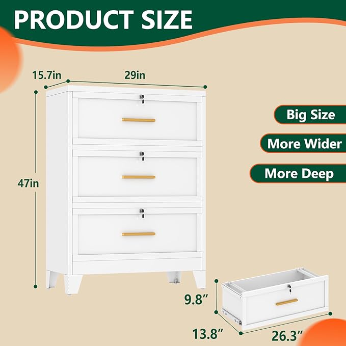 winiowa 3 Drawer File Cabinet, Metal Lateral File Cabinet with Lock, Locking Filing Cabinets for Home Office,Wide Office Storage Cabinet for Hanging Files Letter/Legal/F4/A4 Size (White, 3-Drawer)