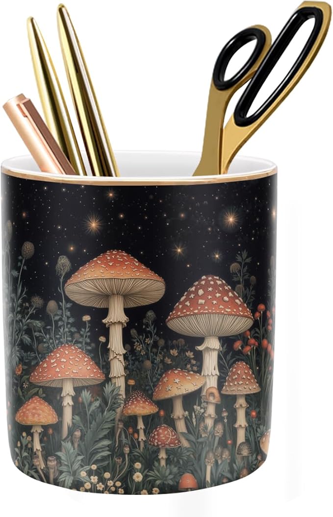 WAVEYU Cute Pen Pencil Holder for Desk, Durable Ceramic Organizer Decor for Room, Office, Classroom, Mushroom Pattern