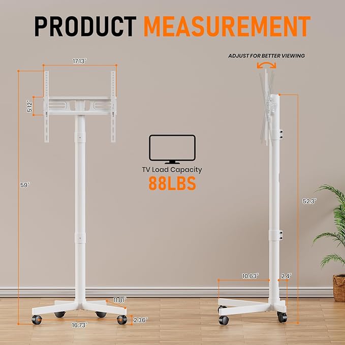 Mobile TV Cart Rolling TV Stand for 23-60 Inch LCD LED OLED Flat Curved Screens up to 88 lbs, Height Adjustable Portable TV Cart with Locking Wheels, Outdoor TV Stand Mount, Max VESA 400x400mm, White