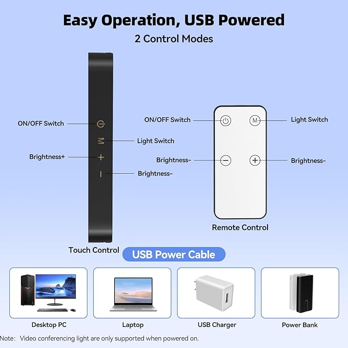 Takerers Video Conference Lighting, Webcam Light with Remote & Touch Control, 3 Color Temperature, 10 Level Brightness, Zoom Light for Computer, Video Calls, Live Streaming, Podcast, Studio (1-Pack)