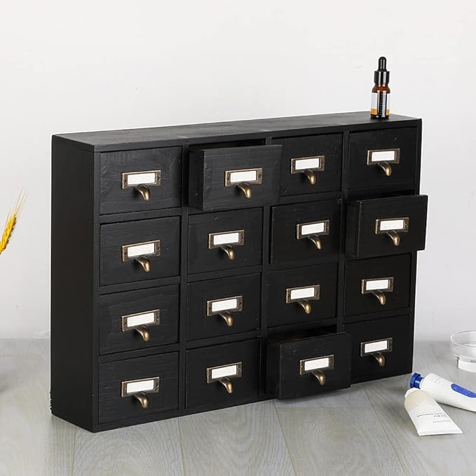 16 Drawers Apothecary Cabinet with Drawers Tabletop Apothecary Chests and Cabinets Library Card Catalog Cabinet Herb Storage Box Wooden Desk Drawer Organizer Medicine Vintage Furniture(BLACK)