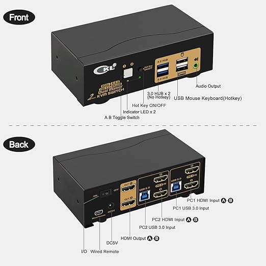 CKL KVM Switch Dual Monitor HDMI 4K@60Hz (2 Monitors 2 Computers 922HUA-3) for Home and Office to Console Desktops/Laptops, Support USB 3.0, Hot Key, Audio, Wireless Keyboard and Mouse