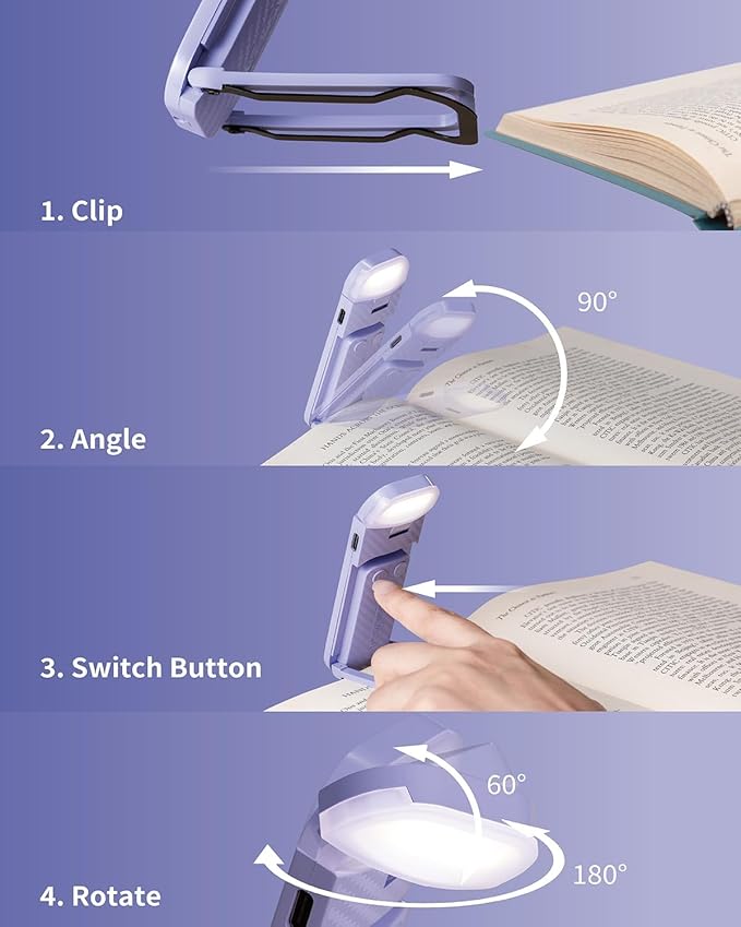 HEMONNKAM Book Reading Light, 2 Pack Rechargeable Clip on Booklight, Eye Caring 3 Color Temperatures & 5 Brightness Levels, Night Use for Bed, Long Lasting, Reading at Night in Bed, Purple+Purple