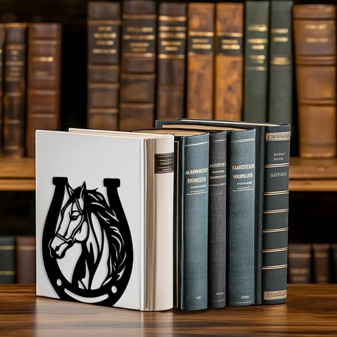 Peacoblue Metal Bookends for Shelves, Modern Decorative Heavy Duty Study Book Support Stoppers for Office, Desk, Shelf, Room 5.3"x4.3"x5.9" Cast Iron Simple Bookends, 1 Pair (Horses and Horseshoes)