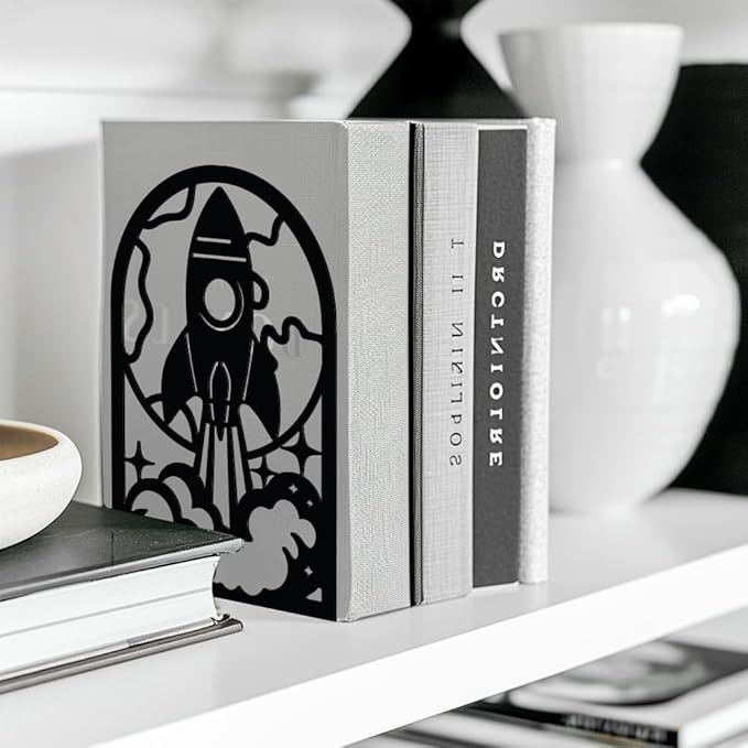 Peacoblue Metal Bookends for Shelves, Modern Decorative Heavy Duty Study Book Support Stoppers for Office, Desk, Shelf, Room 5.3"x4.3"x7.9" Cast Iron Simple Tall Bookends, 1 Pair (Rocket)