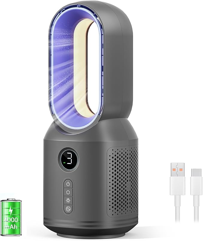 Desk Fan,13 Inch Portable Bladeless Fan, Small Quiet Office Fan with 106° Oscillating, 3 Speeds & Night light, LED Display,Button Control, Personal Battery Operated Table Fan for Bedroom, Office, Home