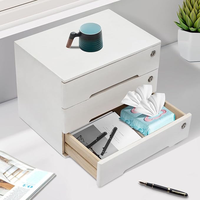 Wooden Desk Organizer with Drawers & Lock, Desktop Countertop Storage Cabinet Lockable Home Office Supplies File Tabletop Organizing Unit (3 Drawers - Modern White)