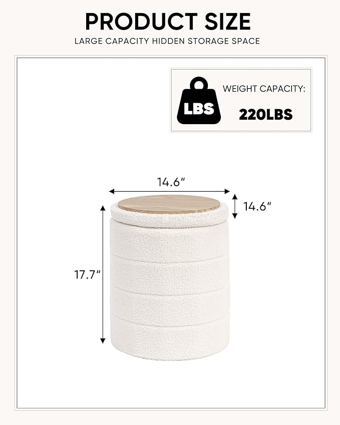 Round Boucle Storage Ottoman, Sherpa Teddy Fabric Ottoman Footstool with Reversible Tray Lid, Folding Footrest with Storage for Living Room, Bedroom, Dorm, White, 14.6" x 14.6" x 17.7"
