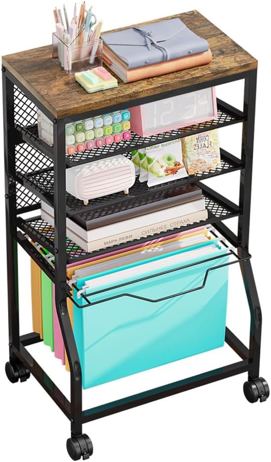 INGIORDAR 5-Tier Rolling File Cart, Under Desk Storage Organizer with Lockable Wheels & Mesh Sliding Trays, Multi-Functional Mobile Utility Cart for Office, Home, School, Black