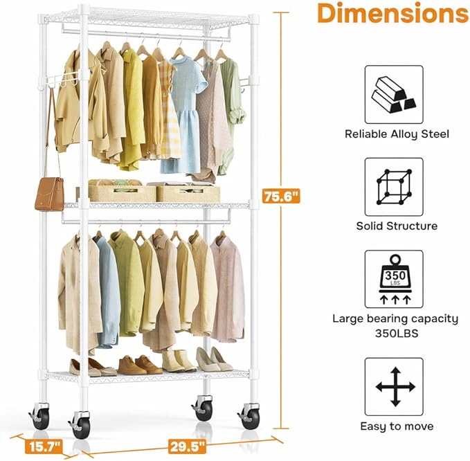 Simple Deluxe Rolling Clothes Rack, Heavy Duty Clothing Rack, 3-Shelf Portable Adjustable Wardrobe Closet with Wheels, Hanging Rods & Side Hooks, 29.5" W x 15.7" D x 75.6" H, White