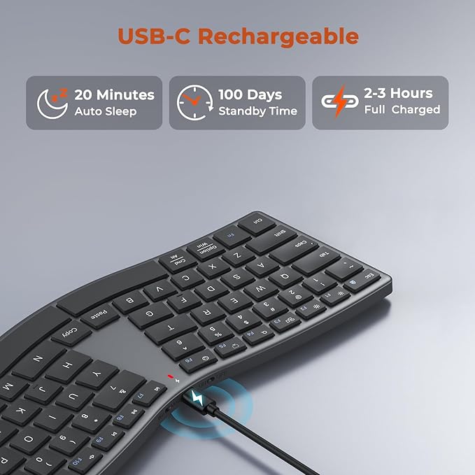 MEETION Wireless Ergonomic Keyboard, S-Curve Design Split Keyboard, 2.4G Wireless & Dual Bluetooth Keyboards, Slim Low-Profile Keys, Type-C Rechargeable, Full-Size Layout for Windows, Mac, PC, Laptop