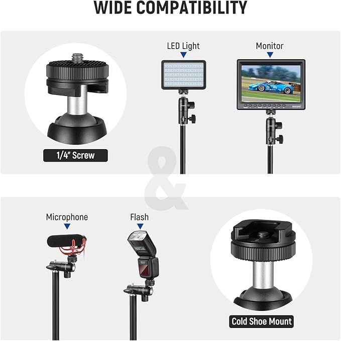 NEEWER Light Stand Mount Adapter with Cold Shoe and 1/4” Screw Mini Ball Head, Reversible Mounting Plate for Camera Monitor Ring Light, Fits Flat Head/Boom arm/C Stand, Max. Load 22lb/10kg