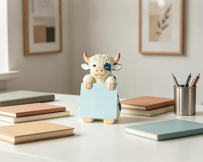 Highland Cow Pop-up Sticky Note Dispenser, Includes 1 Pad of 3x3 in Super Sticky Notes, 100 Sheets, Resin Cute Handmade Desk Holder for Office & Home-Blue