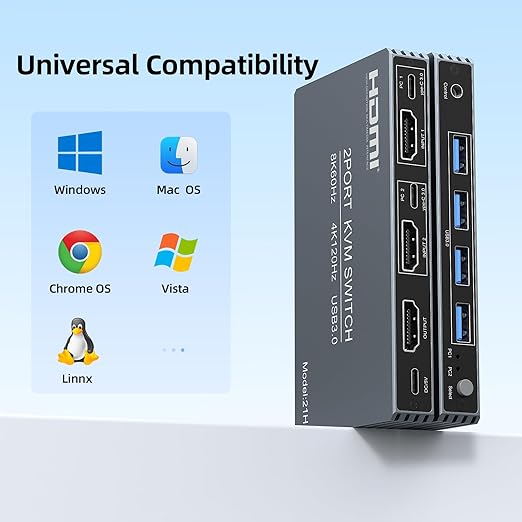 4K@120Hz HDMI Kvm Switch 1 Monitors 2 Computers 8K@60Hz Monitor KVM Switches, 4 USB3.0 Ports for 2 PC Share Mouse Keyboard Support PoC EDID Button Switch Plug and Play Zero Latency