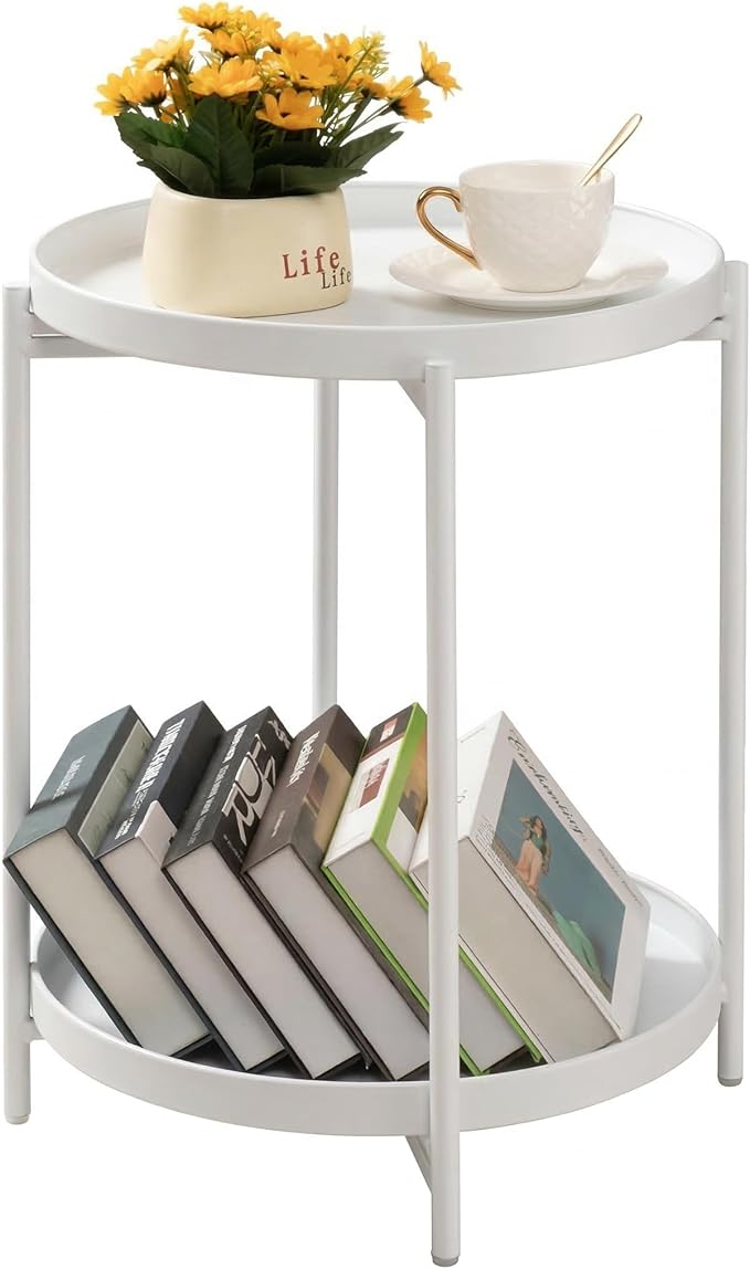 TeoKJ 2 Tier Round Side Table, Folding Round Metal End Table Small Nightstand with Two Removable Tray for Bedroom Living Room Bedside Small Spaces White