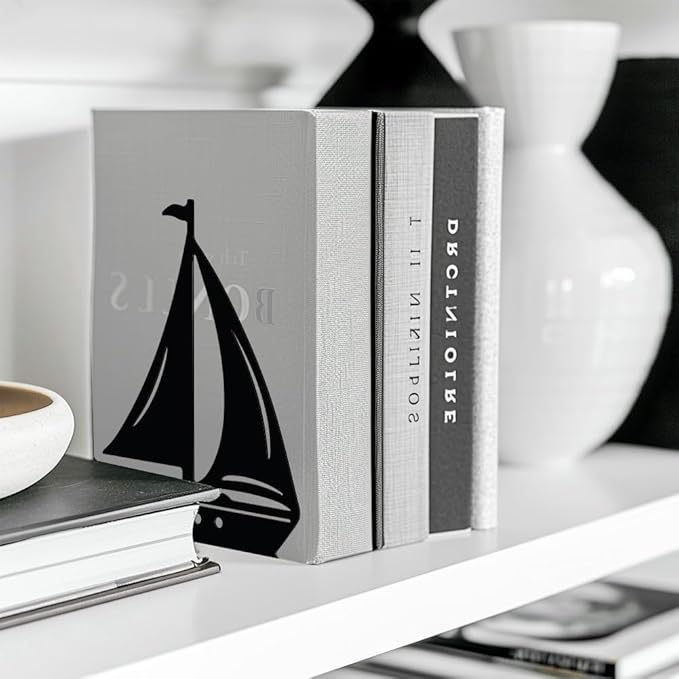 Peacoblue Metal Bookends for Shelves, Modern Decorative Heavy Duty Study Book Support Stoppers for Office, Desk, Shelf, Room 5.3"x4.3"x7" Cast Iron Simple Tall Bookends, 1 Pair (Sailboat)