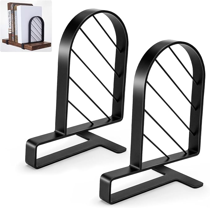 2 Pcs Metal Book Ends for Shelves Heavy Duty Clamp Book Organizer Black Metal Bookends Storage Holders with Non Skid Base for Home Office Supplies
