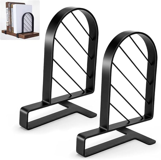 2 Pcs Metal Book Ends for Shelves Heavy Duty Clamp Book Organizer Black Metal Bookends Storage Holders with Non Skid Base for Home Office Supplies