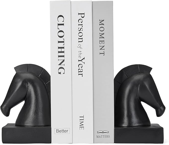Black Horse Head Decorative Bookends - Heavy Duty Non-Slip Book Stoppers, Horse Statue Book Ends for Shelves, Modern Equestrian Ornaments for Home Farmhouse Shelves Office Lover Gift