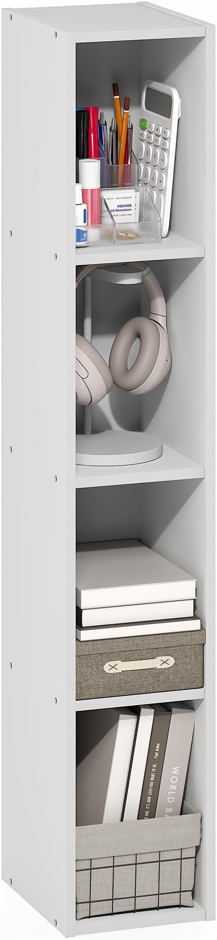 Furinno Fulda Book Shelf, 4-Tier Narrow Bookshelf, Standing Bookcase with 8-in Width Storage Shelf, 9.3 x 7.9 x 41.6, for Organization and Storage, for Living Room, Bedroom, Home Office, White
