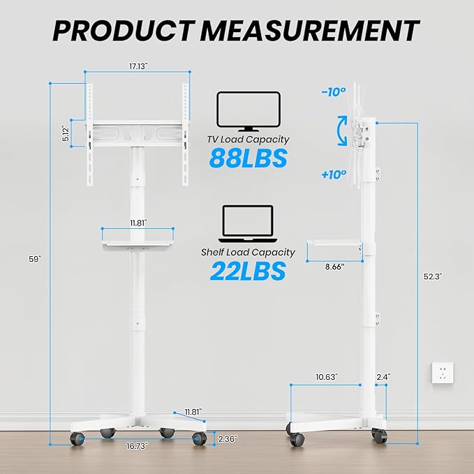 Mobile TV Cart for 23-60 Inch LCD LED OLED Flat Curved Screen TVs - Height Adjustable Rolling Floor Stand with Shelf and Locking Wheels - Up to 88lbs, Max VESA 400x400mm, White