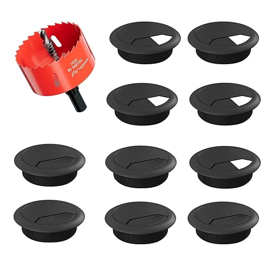Desk Grommet & Cable Grommet 2-3/8 Inch (10 Pack) - Black Cord Hole Cover with Hole Saw - Cable Management Kit for Office Desk, TV Stand, Workstation - Hide Wires Behind Wall, Cable Pass Through