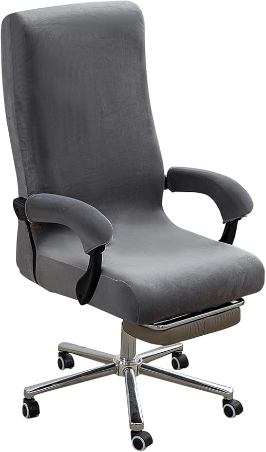 Office Chair Cover with Armrest Covers, High Resilience Velvet Fabric, Universal Fit 22-25 inch Back (Grey)