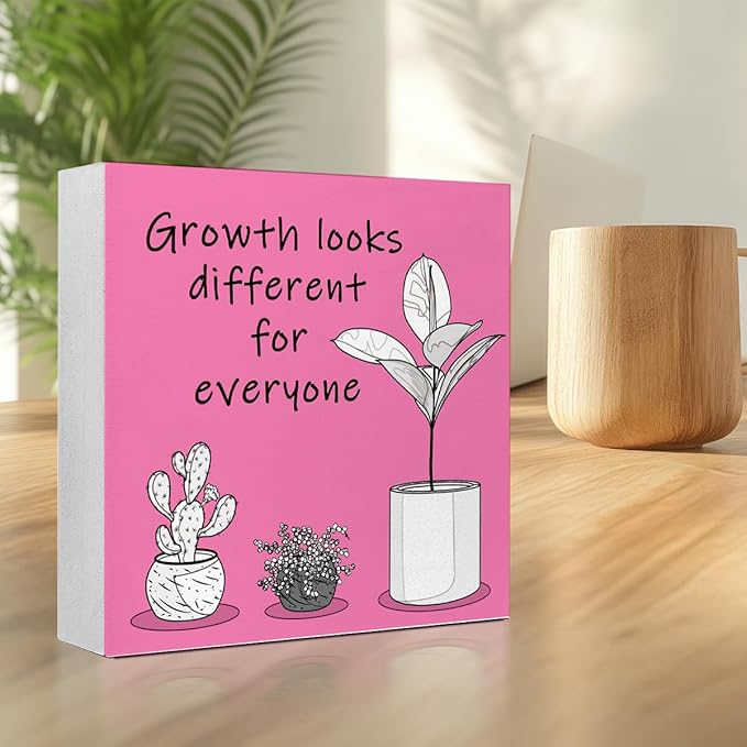 LVQHI Inspirational Wood Block Sign,Growth Looks Different for Everyone Plant Motivational Wooden Block Sign for Home Bedroom Office Desk Table Decor,Inspirational Cheer Up Gift for Coworker Red