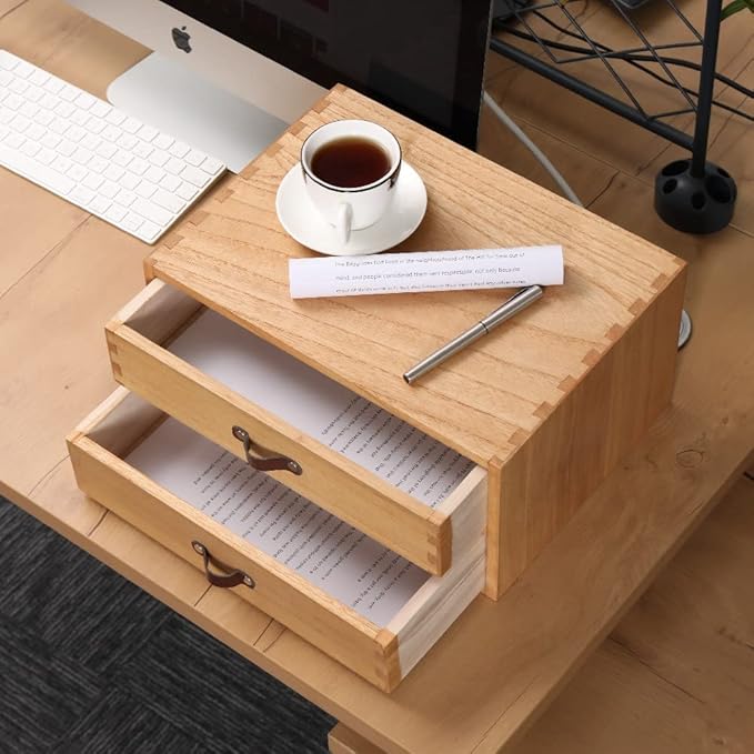 DDYURI Wooden Desk Organizer with 2 Drawers - Desktop Storage Drawers for Office Supplies File Paper Storage - Wood Chest/Small Cabinets for Jewelry Dresser Kitchen Counter (FAX2C-LT）