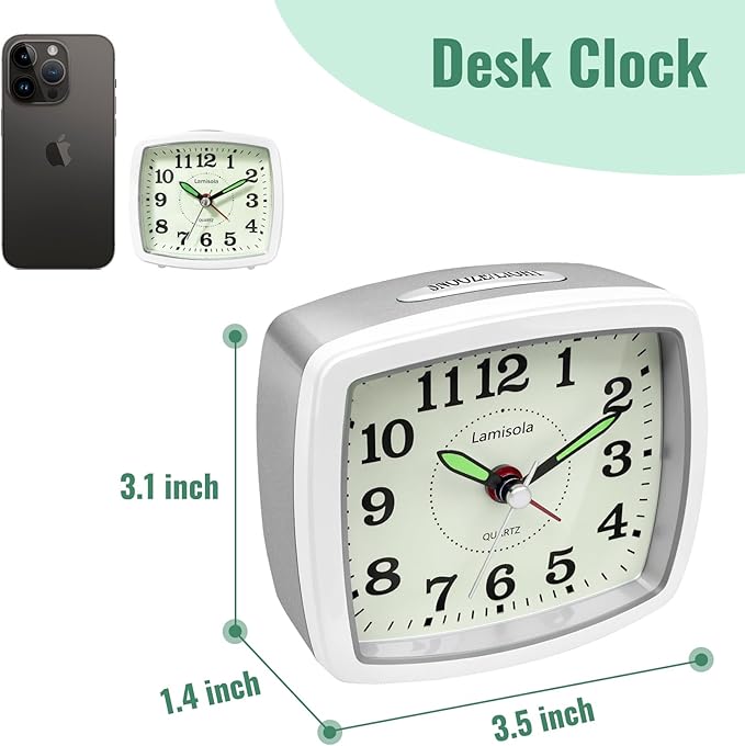 Lamisola Small Battery Travel Alarm Clock, Analog Clocks for Bedrooms, Bedside Nightstand Desk Tabletop Bookshelf Clock for Bathroom Office, Maximalist Decor for Home, Silver