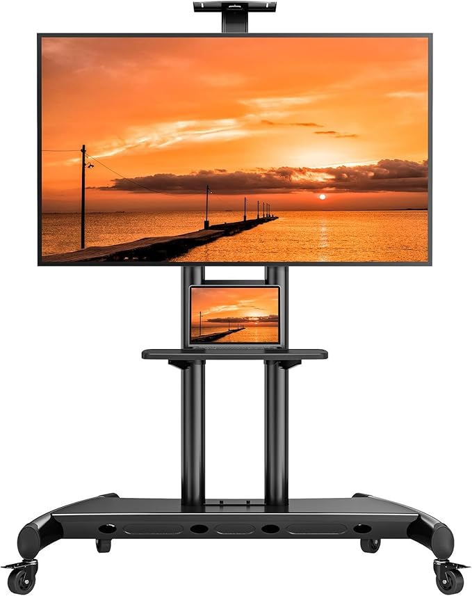 Perlegear Rolling TV Stand, Mobile TV Cart on Wheels for 55-90 Inch TVs up to 200 lbs, Adjustable TV Stand with AV & Camera Shelf, Outdoor TV Cart Max VESA 800x500mm, PGTVMC07