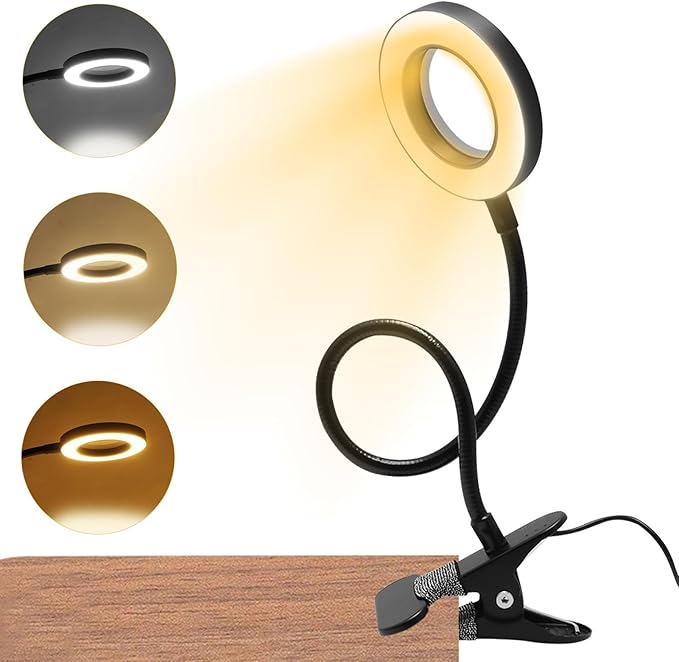 5X Magnifying Glass with Light, 3 Color Modes LED Desk Lamp, Clip on Lamp Lighted Magnifier, 360° Flexible Neck Magnifying Lamp for Workbench Craft Repair Sewing, USB Powered(Color:Black)
