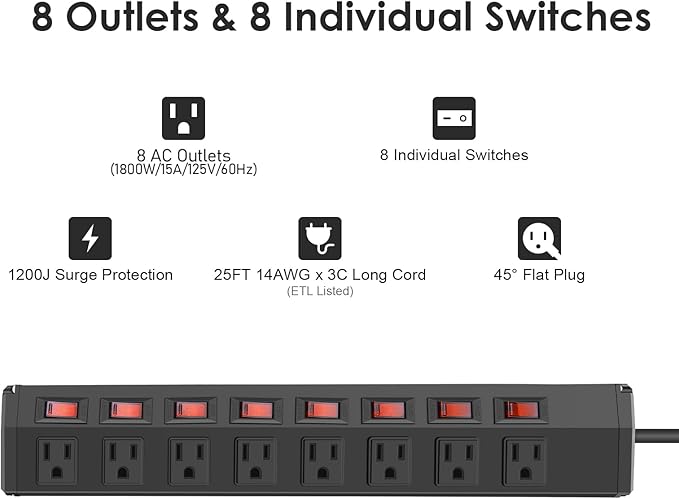 8 Outlet Heavy Duty Power Strip with 8 Individual Switches,Moutable Metal Power Strip Surge Protector 1200 Joules,25FT 14AWG Extension Cord,15A 1800W 125V 60Hz