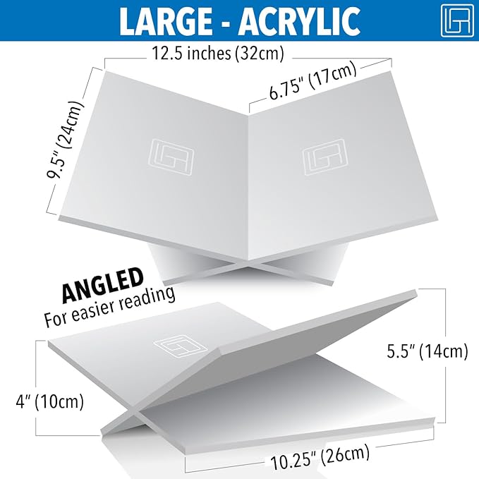 Large White Acrylic Book Stand, 12.5" x 9.5" x 5.5”, Acrylic Book Holder, Open Bookstand for Display and Reading Cookbooks, Art Books, Bibles, Magazines - Home and Office
