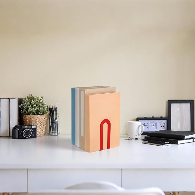 Chunful 12 Pcs Modern Metal Book Ends for Shelves Decorative Small Bookends Book Shelf Organizer Minimalist Design Stopper to Hold Books for Home Office (Red,5.5 * 3.75 * 2.25inch)