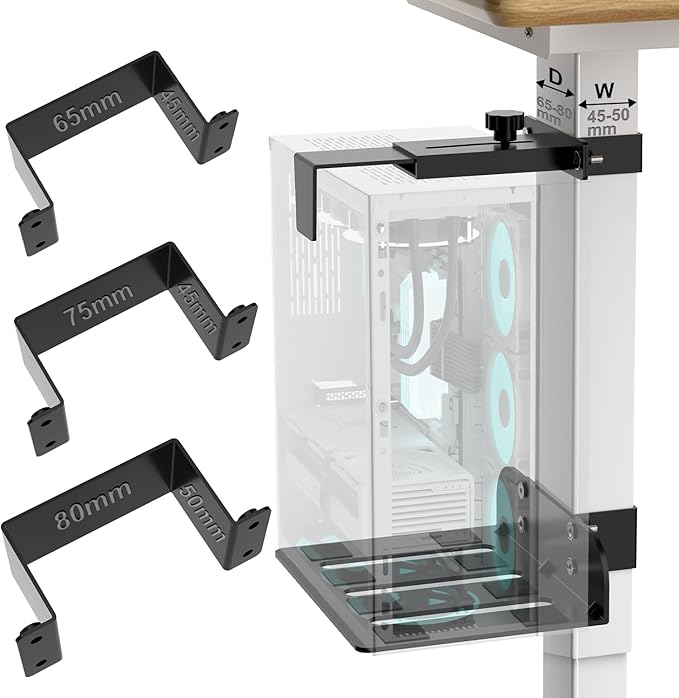 Under Desk PC Mount - No Drilling 40 lb Capacity, Fits 3 Fixed Desk Leg Sizes, CPU Holder Under Desk, Adjustable Clamp-on Desk Leg PC Mount for Standing Desk, with Non-Slip Pads, Black