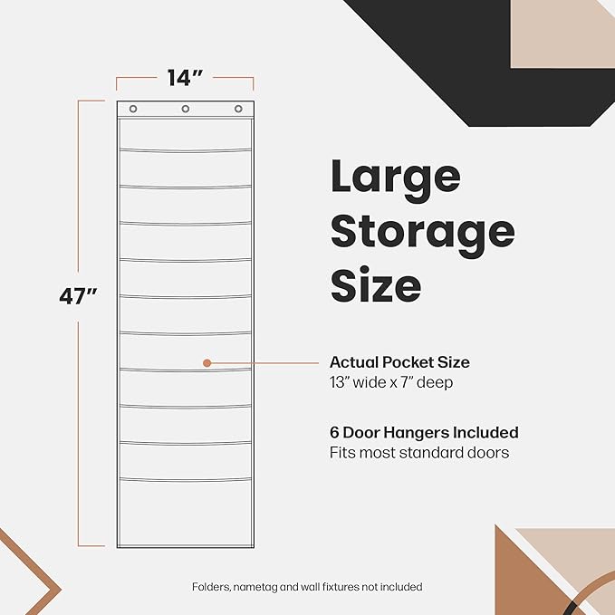 Hippo Creation Storage Pocket Chart for Classroom, 10 Pocket Storage Organizer with 6 Over-Door Hangers, Hanging Wall Organizer for File Folders, School Mailbox, Home Office Papers - Black, 2 Pack