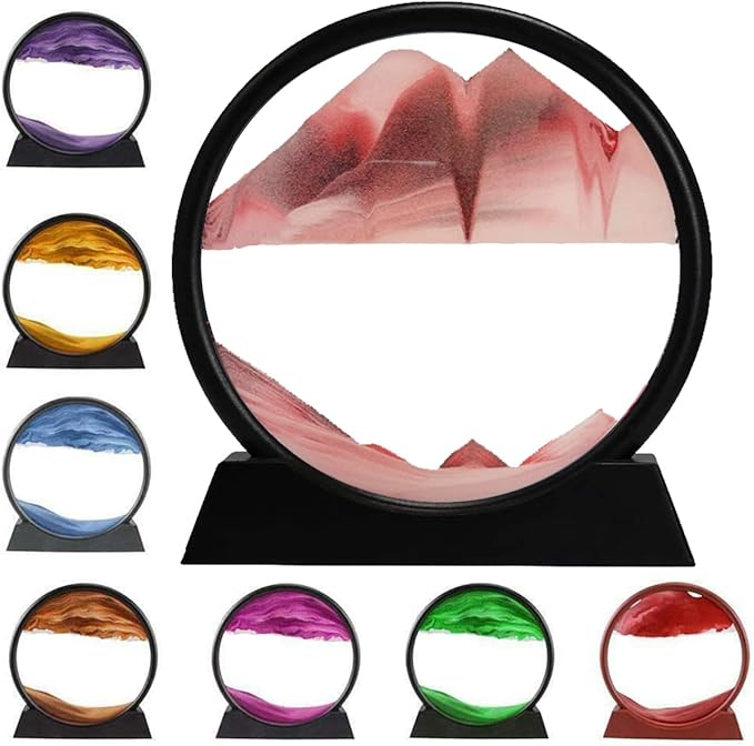 rysnwsu 3D Dynamic Sand Art Liquid Motion, Moving Sand Art Picture Round Glass 3D Deep Sea Sandscape in Motion Display Flowing Sand Painting Relaxing Desk Toys (Pink, 12'')
