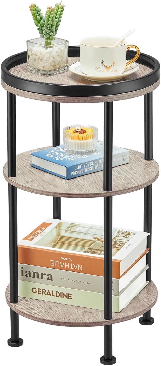 Small Round Side Table, Oak Round End Table for Living Room & Bedroom, Modern 3-Tier Nightstand with Storage Shelf, 11.8" Narrow Accent Table for Small Spaces, Nursery, Plant Stand,Natural Wood Finish