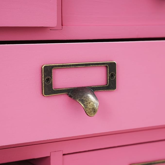 12 Drawers Apothecary Cabinet, 4-Pack Wood Tabletop Medicine Cabinet, Vintage Desktop Drawer Library Card Catalog Cabinet Wooden Chest Drawer Organizer for Tea Herbs Jewelry Stationery (Pink)