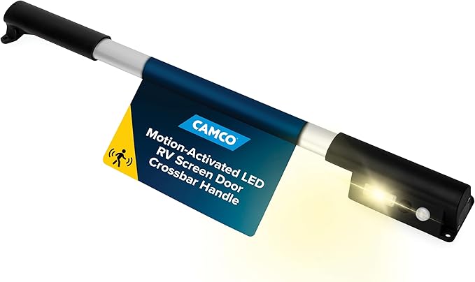 Camco Motion-Activated LED RV Screen Door Crossbar Handle - Features Motion Activated LED Lighting & Robust Aluminum Design - Adjustable Fit Compatible w/Most RVs- (2) AAA Battery (not incl.) (42330)