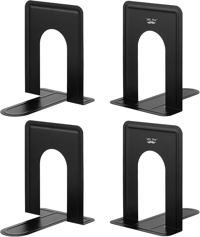 Mr. Pen- Book Ends, Black, 4 Pack, Heavy Duty Metal Bookends for Shelves, Book Holders for Shelves, Metal Bookends