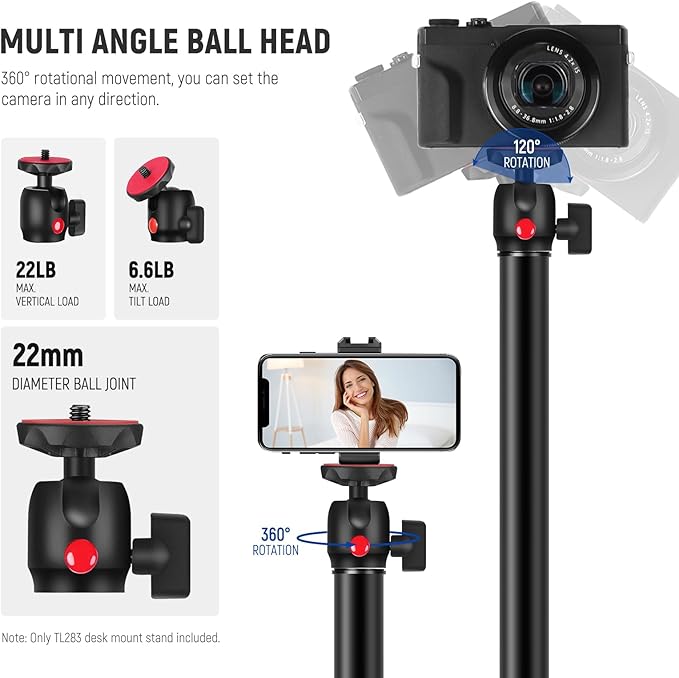 NEEWER Camera Desk Mount with Holder & 360° Ball Head, 17"-40"/43-102cm Telescopic C Clamp Table Light Stand 1/4" Screw, Desktop Stand 6.6lb/3kg Max Load for DSLR Camera, Webcam, Ring Light,TL283