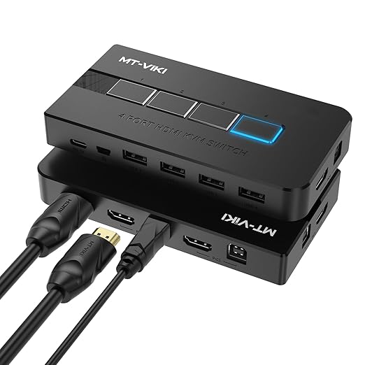 MT-VIKI KVM Switch HDMI 4 Port Boxes, 4K@30Hz USB HDMI KVM Console for 4 PCs Share 1 HD Monitor and Keyboard Mouse, Button + Desktop Selector Switching