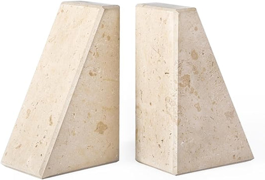 Karibiber Marble Bookends for Heavy Books, Decorative Book Ends for Shelves, Beige Stone Durable and Heavy-Duty Book Ends for Hardback Books & CDS, Unique Book Stopper & Holder, Set of 2