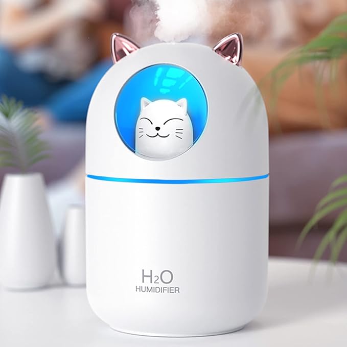 Cute Portable Cool Mist Humidifier with 12 Pcs Sticks & 7 Color Night Light - USB Air Humidifier for Bedroom, Office, Desk, Car, Travel (White + 12 Filter Cotton Sticks)